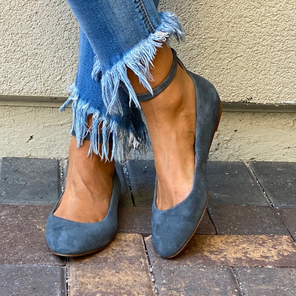 Genuine Suede Gray Ankle Strap Mary Jane Flats - Picture 3 of 8